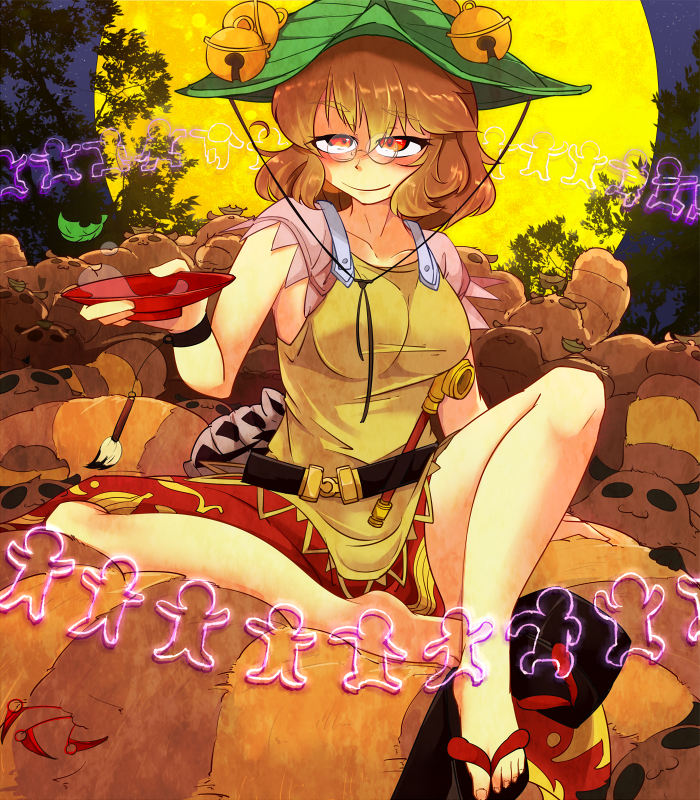 1girl :3 bell brown_hair calligraphy_brush cup full_moon futatsuiwa_mamizou glasses gourd hat impossible_clothes impossible_shirt kiseru leaf moon okobo paintbrush pince-nez platform_sandals raccoon_tail red_eyes sakazuki sandals shirt sitting smile smoking_pipe tail tanuki touhou yadokari yadokari_(yadokani)