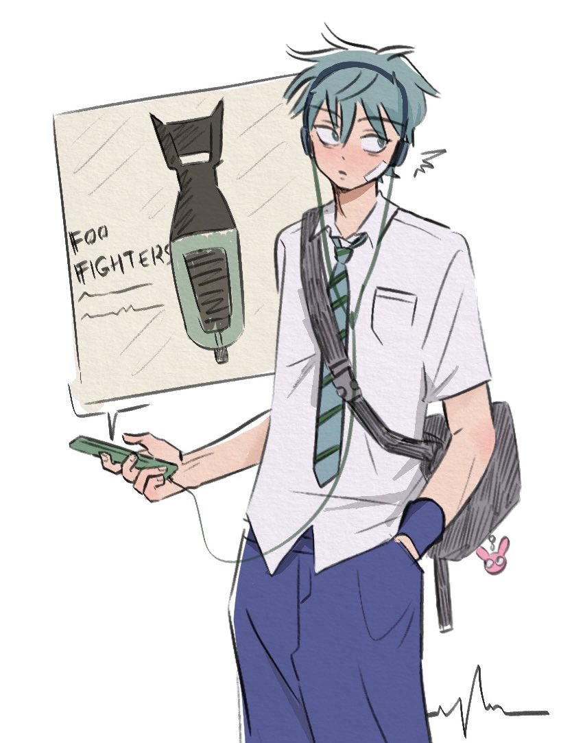 1boy alien_stage bag black_bag blue_pants cardiogram collared_shirt foo_fighters_(band) gauze gauze_on_cheek green_eyes grey_hair hand_in_pocket headphones holding holding_phone looking_to_the_side male_focus motii pants phone shirt short_hair shoulder_bag solo till_(alien_stage) very_short_hair white_shirt