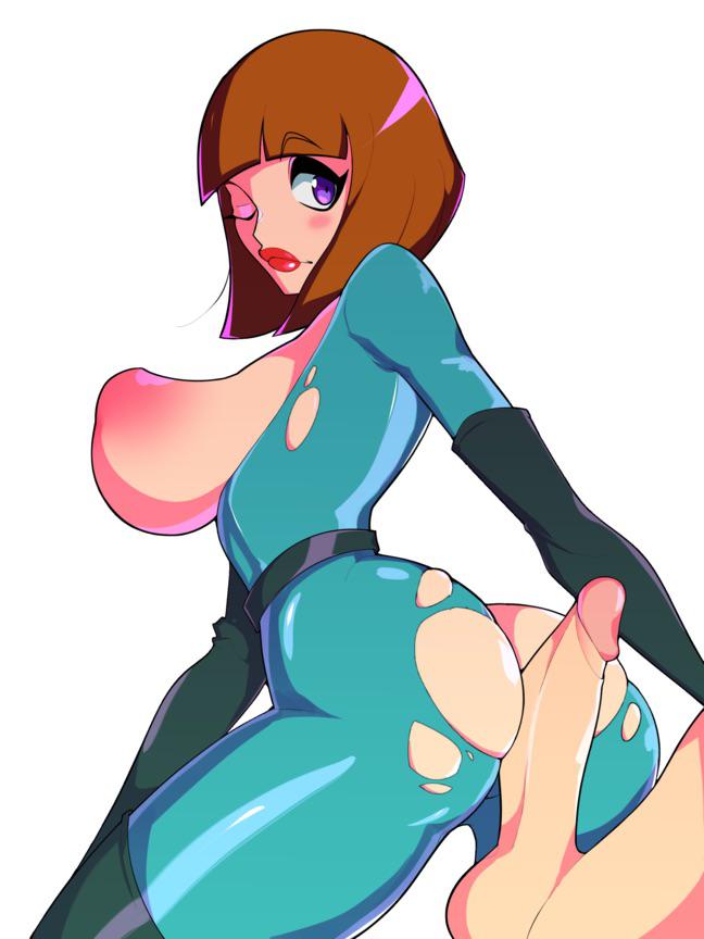 1boy 1girl ass bare_legs blush bodysuit breasts breasts_out brown_hair buttjob curvy danny_phantom erection gloves hetero huge_ass imminent_penetration imminent_vaginal large_breasts lips lipstick looking_at_another looking_at_viewer looking_back maddie_fenton makeup mature_female nipples pantyhose short_hair simple_background spread_legs testicles thick_thighs thighs torn_bodysuit torn_clothes