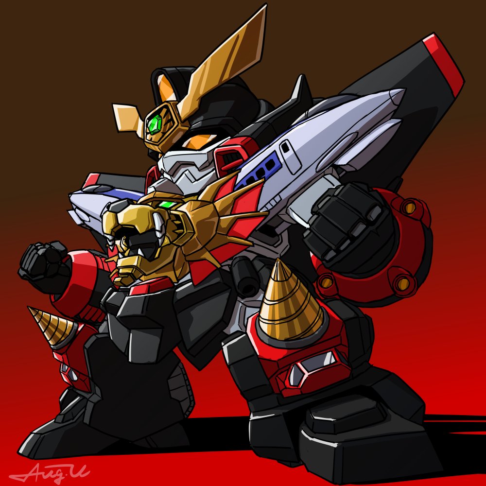 armor chibi copyright_name drill_hair full_armor gaogaigar gattai hagitsuki_yuu mask mecha mouth_mask no_humans robot standing twin_drills v-fin yuusha_ou_gaogaigar yuusha_series