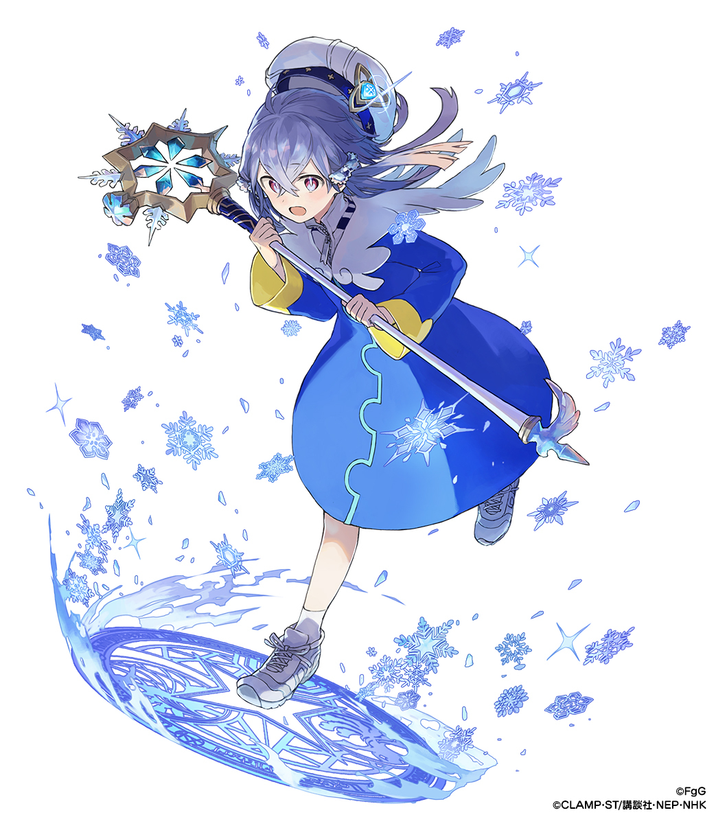 1girl :o ancient_killers_(phantom_of_the_kill) blue_dress cardcaptor_sakura commentary_request cosplay crossed_bangs dress full_body grey_eyes grey_hair hair_between_eyes hair_ornament hat holding holding_staff kinomoto_sakura kinomoto_sakura_(cosplay) long_sleeves looking_at_viewer magic_circle ness_(phantom_of_the_kill) official_art phantom_of_the_kill pink_eyes second-party_source shoes simple_background sneakers snowflakes socks solo staff standing standing_on_magic_circle standing_on_one_leg two-handed watarubou white_background white_shoes white_socks
