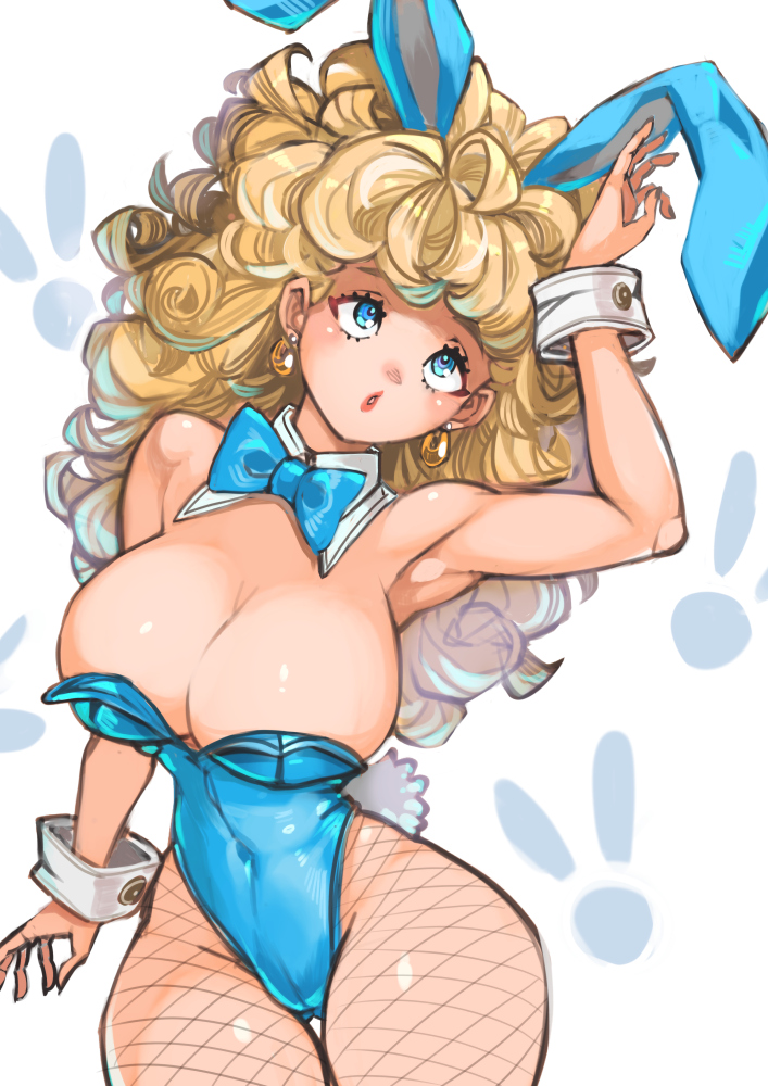 1girl animal_ears aqua_bow aqua_bowtie aqua_eyes aqua_leotard armpits bare_shoulders blonde_hair bow bowtie breasts cleavage cowboy_shot curly_hair detached_collar dragon_quest dragon_quest_iii earrings fake_animal_ears fishnet_pantyhose fishnets hand_up highleg highleg_leotard gadabout_(dq3) jewelry kuwango large_breasts leotard long_hair pantyhose parted_lips playboy_bunny rabbit_ears rabbit_tail solo strapless strapless_leotard tail thigh_gap wrist_cuffs