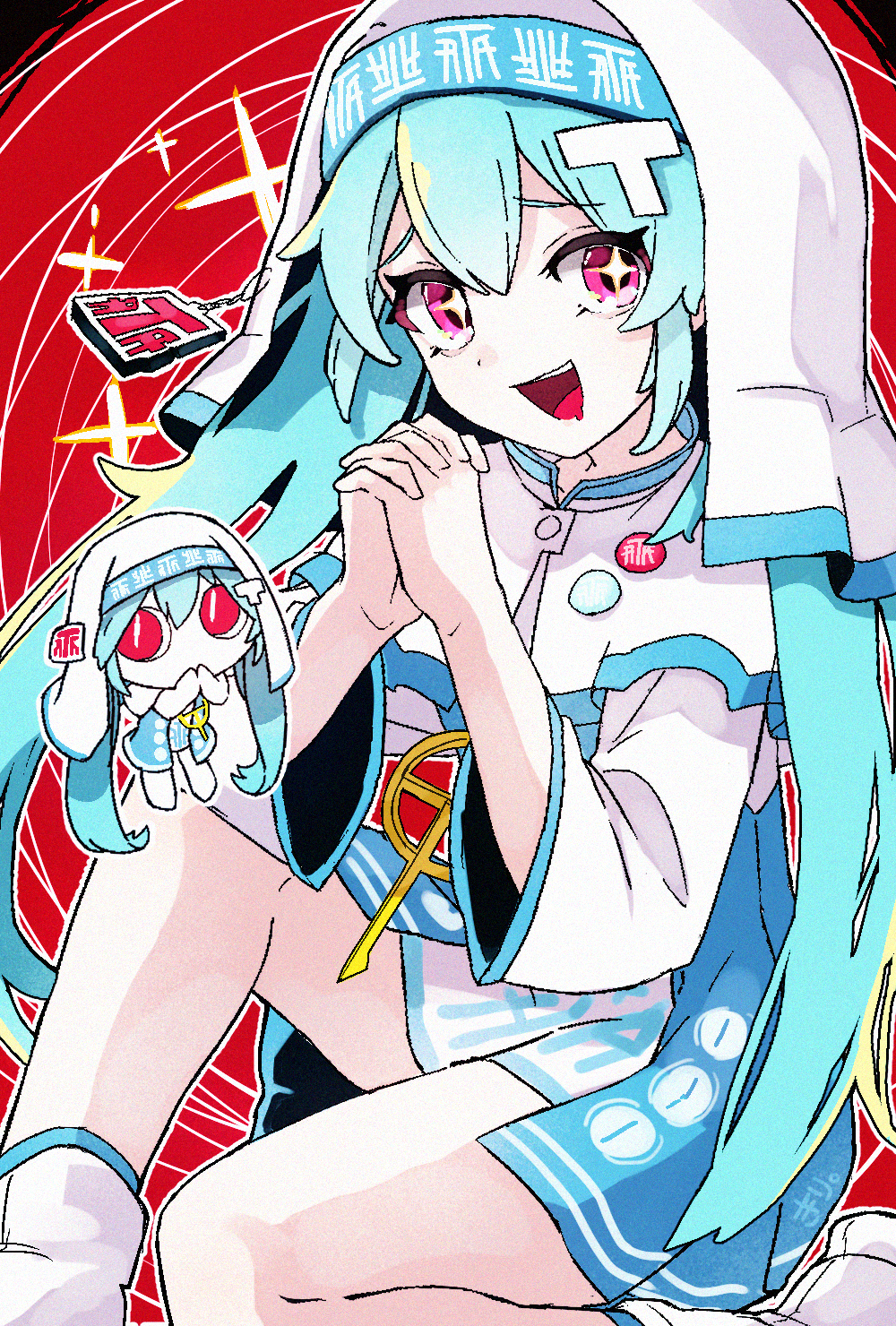 +_+ badge bare_legs blue_dress blue_hair button_badge dress hair_ornament hatsune_miku highres long_hair looking_at_viewer open_mouth pink_eyes praying qiri_maru simple_background smile t-shi_no_hanashi_wo_shinjiru_na_(vocaloid) twintails very_long_hair white_dress