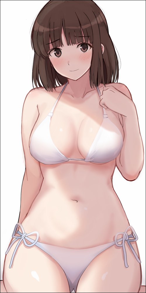 1girl amagami bikini breasts brown_eyes brown_hair collarbone cowboy_shot gluteal_fold large_breasts looking_at_viewer mobu short_hair side-tie_bikini_bottom simple_background sitting smile solo swimsuit tanaka_keiko_(amagami) white_background white_bikini