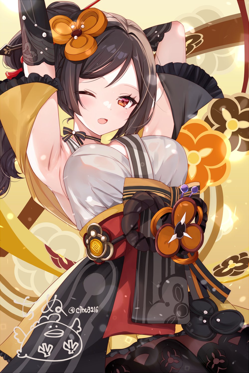 1girl armpits arms_up bare_shoulders black_choker black_hair black_skirt breasts chiori_(genshin_impact) choker cinu genshin_impact hair_ornament highres long_hair looking_at_viewer medium_breasts obi one_eye_closed open_mouth ponytail red_eyes sash shirt skirt sleeveless sleeveless_shirt smile solo upper_body vision_(genshin_impact) white_shirt
