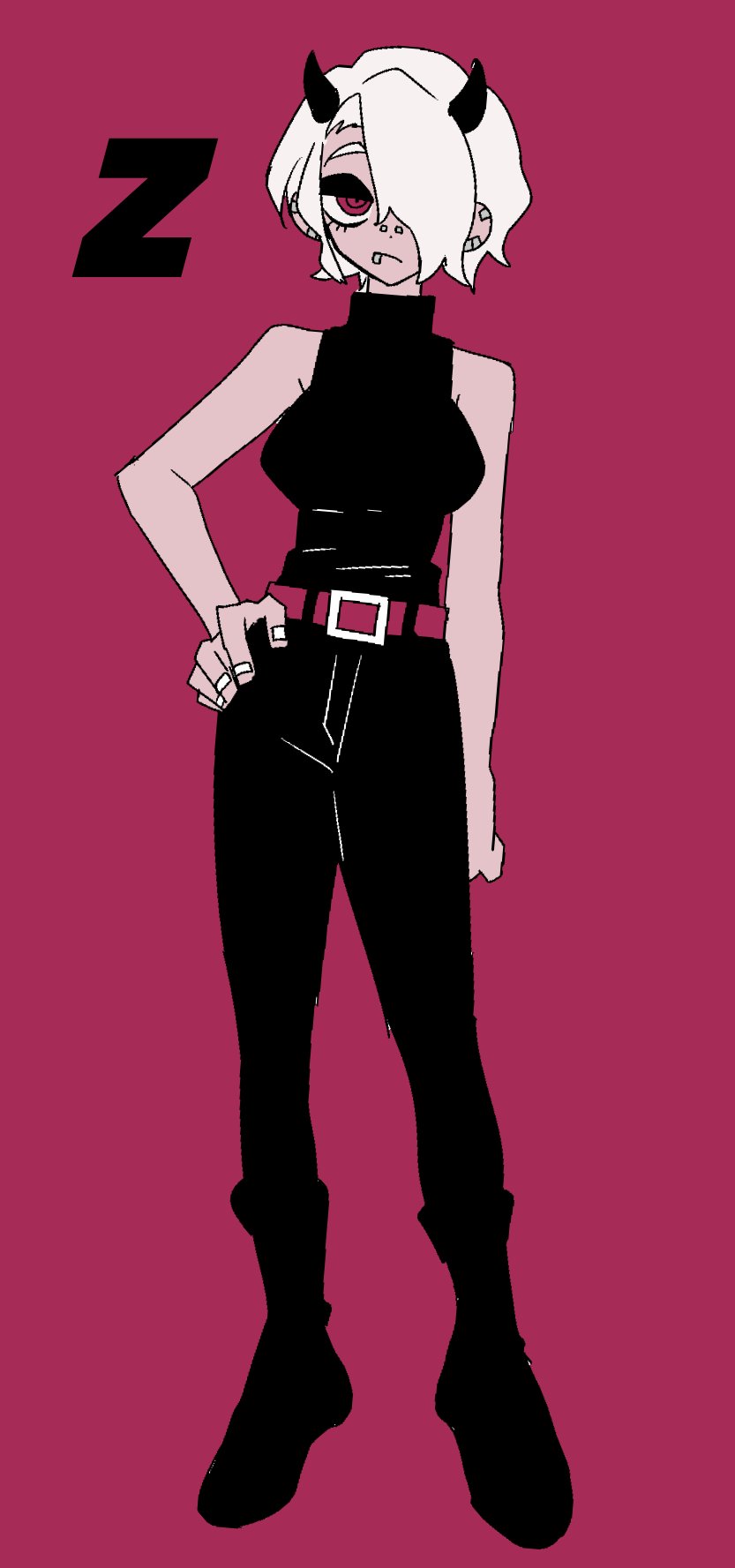 1girl amiri_ari bare_shoulders black_horns black_shirt breasts demon_girl demon_horns denim face_piercing hair_over_one_eye hand_on_own_hip helltaker highres horns initial jeans large_breasts lip_piercing magenta_background pants piercing pink_background red_eyes shirt short_hair sleeveless sleeveless_shirt white_hair zdrada_(helltaker)
