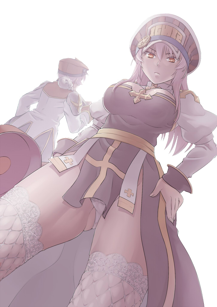 1girl arch_bishop_(ragnarok_online) black_dress blouse breasts closed_mouth commentary_request cowboy_shot dress from_below gluteal_fold hair_between_eyes hands_on_own_hips hat lace lace_legwear large_breasts long_hair long_sleeves looking_at_viewer panties peaked_cap pink_hair ragnarok_online red_eyes red_hat red_shirt shirt simple_background solo staff standing susukinohukurou thighhighs underwear white_background white_panties white_shirt white_thighhighs