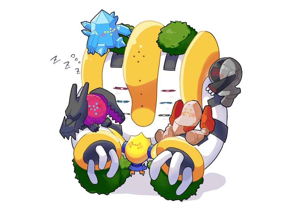 blush closed_eyes clothed_pokemon full_body game_freak gen_3_pokemon gen_4_pokemon gen_8_pokemon hakumogera hug legendary_pokemon nintendo no_humans pokemon regice regidrago regieleki regigigas regirock registeel simple_background sitting sleeping white_background zzz