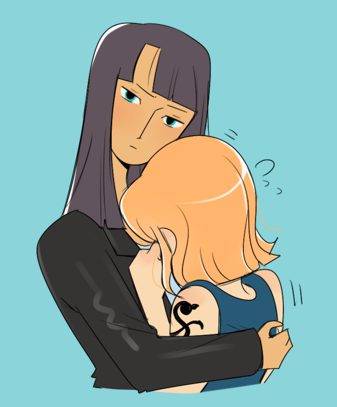 2girls arm_tattoo bare_shoulders black_hair black_jacket blue_background blue_eyes blue_tank_top blunt_bangs cesel closed_mouth commentary hug jacket leather leather_jacket looking_at_viewer multiple_girls nami_(one_piece) nami_(one_piece)_(long_ring_long_land) nico_robin nico_robin_(long_ring_long_land) one_piece orange_hair redrawn short_hair shoulder_tattoo simple_background tank_top tattoo upper_body