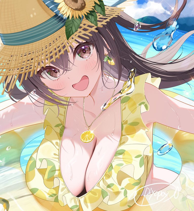 1girl bikini breasts brown_eyes brown_hair cleavage cloud cloudy_sky earrings flower food food-themed_earrings food_print fruit fruit_print hat hat_flower innertube jewelry large_breasts lemon lemon_print lemon_slice long_hair necklace ocean open_mouth original piyopoyo signature sky smile solo sun_hat sunflower swim_ring swimsuit wet yellow_bikini