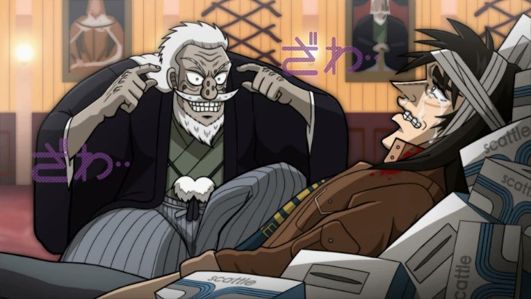 2boys beard black_coat black_hair blood brown_jacket coat constricted_pupils cowboy_shot crying crying_with_eyes_open facial_hair facial_scar fukumoto_nobuyuki_(style) grey_pants grin hakama hakama_pants haori hyoudou_kazutaka indoors invincible_(series) itou_kaiji jacket japanese_clothes joshi_taito kaiji long_hair long_sleeves looking_at_another male_focus meme multiple_boys mustache official_style old old_man painting_(object) pants parody pointy_nose scar scar_on_cheek scar_on_face smile squatting style_parody tears think_mark_think!_(meme) third-party_source tissue_box white_hair wrinkled_skin zawa_(onomatopoeia)