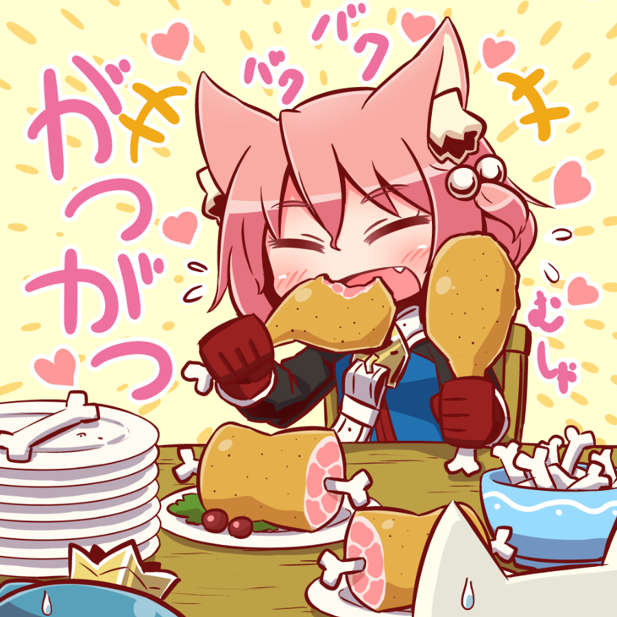 +++ 3girls 7th_dragon 7th_dragon_(series) :d animal_ear_fluff animal_ears beige_background belt belt_buckle blue_hair blue_jacket blush boned_meat bowl buckle cartoon_bone cat_ears chair chicken_(food) chicken_leg closed_eyes commentary_request crown drumsticks eating facing_viewer fang fighter_(7th_dragon) flying_sweatdrops food gloves hair_between_eyes hair_bobbles hair_ornament harukara_(7th_dragon) head_tilt heart holding holding_food ikurakun_(7th_dragon) jacket long_sleeves mage_(7th_dragon) meat mini_crown momomeno_(7th_dragon) multiple_girls naga_u on_chair one_side_up open_mouth out_of_frame pink_hair plate princess_(7th_dragon) red_gloves sitting smile solo_focus sweatdrop table translation_request white_belt white_hair