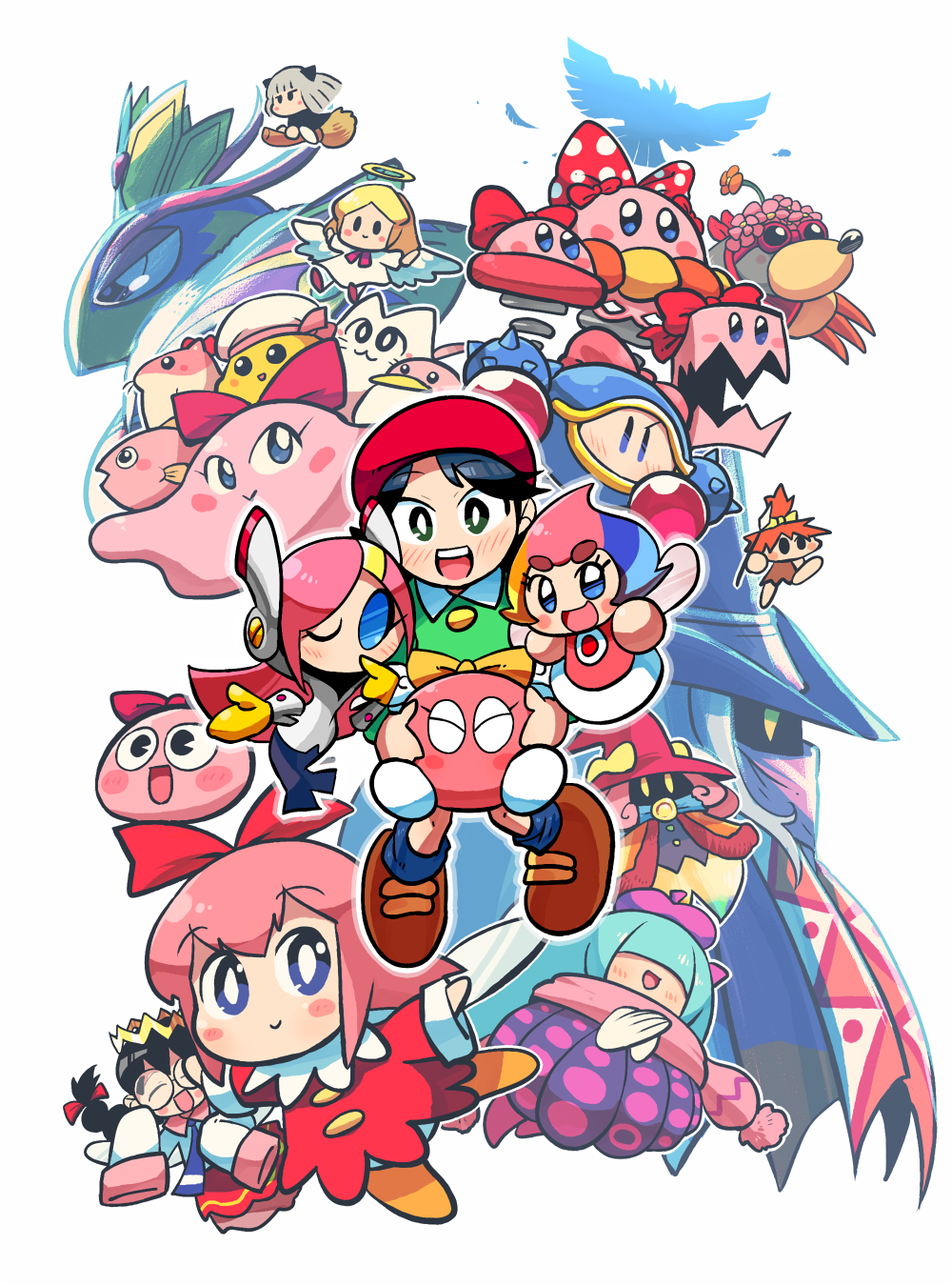 6+girls :&gt; :3 adeleine angel_(kirby) animal_ears armor beret bird black_dress black_hair blonde_hair blue_bow blue_bowtie blue_eyes blue_hair blue_legwear blush blush_stickers bouncy_(kirby) bouncy_sis_(kirby) bow bowtie boxy_(kirby) braid broom broom_riding brown_footwear buttons chuchu_(kirby) claycia closed_eyes commentary_request crown drawcia dress dyna_blade elline_(kirby) fairy_wings feathers female_gooey_(kirby) fish flower flower_on_head glasses goggles green_dress green_eyes grey_hair hair_bow hair_flower hair_ornament hair_over_eyes hair_ribbon halo hands_in_opposite_sleeves hat hat_bow highres iron_mam keke_(kirby) kirby&#039;s_dream_land_2 kirby&#039;s_dream_land_3 kirby:_planet_robobot kirby:_triple_deluxe kirby_(series) kirby_64 kirby_and_the_rainbow_curse kirby_canvas_curse kirby_squeak_squad lalala_(kirby) long_sleeves looking_at_viewer mine_(kirby) mrs._moley multicolored_hair multiple_girls nintendo nyupun_(kirby) one_eye_closed open_mouth orange_hair pac-man_eyes paintra pick_(kirby) pink_bow pink_hair pink_scarf pitch_mama polearm polka_dot polka_dot_bow purple_hat queen_sectonia rariatto_(ganguri) rayman_limbs red_bow red_dress red_hat red_ribbon ribbon ribbon_(kirby) ripple_star_queen round_eyewear scarf shiro_(kirby) shoes simple_background sleeves_past_wrists smile spear susie_(kirby) tress_ribbon twin_braids weapon white_background white_dress white_wings wings witch_hat yariko_(kirby) yellow_bow yellow_eyes yellow_shoes