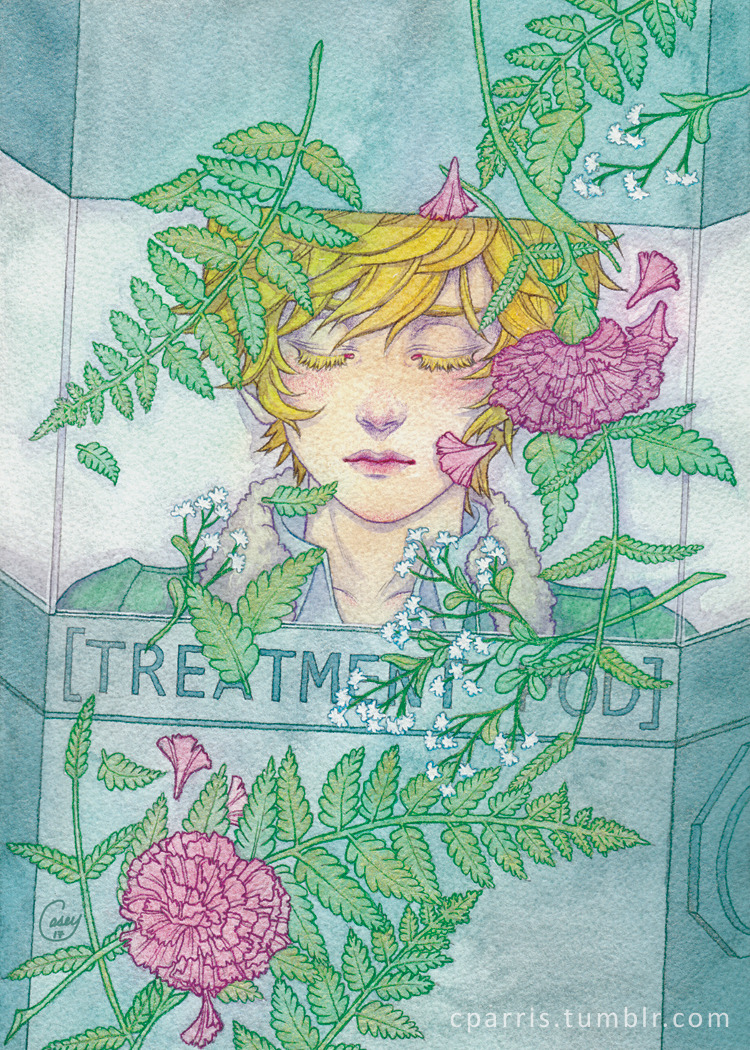 1boy blonde_hair casey_parris closed_eyes closed_mouth colored_eyelashes commentary cryostasis_pod english_commentary eyelashes flower kyokugen_dasshutsu kyokugen_dasshutsu_adv:_zennin_shibou_desu leaf lips male_focus pink_flower quark_(kyokugen_dasshutsu) short_hair sleeping solo tumblr_username watermark web_address