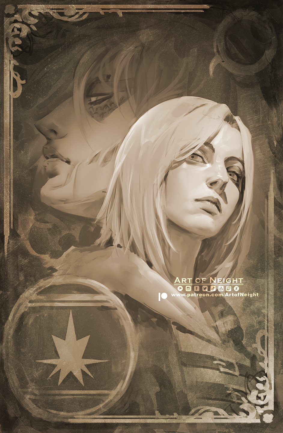 2girls annie_leonhart art_of_neight brown_theme chest_belt expressionless female_titan half-closed_eyes highres hood jacket medium_hair monochrome multiple_girls profile shingeki_no_kyojin thick_eyebrows three_quarter_view titan_(shingeki_no_kyojin)