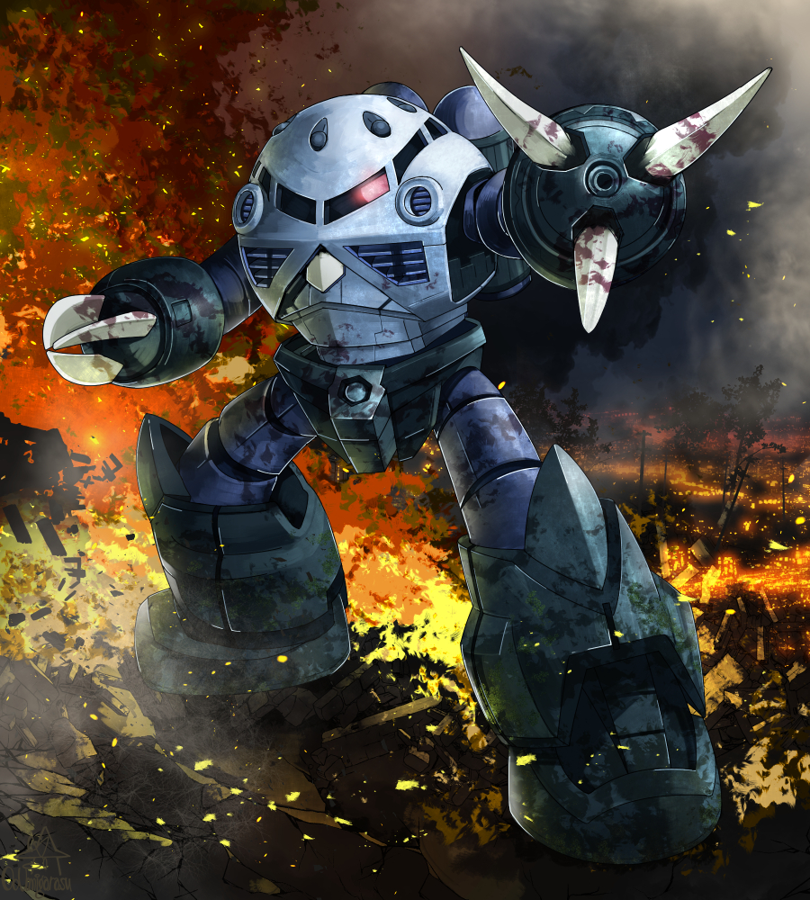 claws clip_studio_paint_(medium) commentary_request embers fire glowing glowing_eye ground_shatter gundam looking_at_viewer mecha mecha_focus mobile_suit mobile_suit_gundam no_humans one-eyed outstretched_arm red_eyes robot science_fiction smoke solo standing umigarasu_(kitsune1963) z&#039;gok