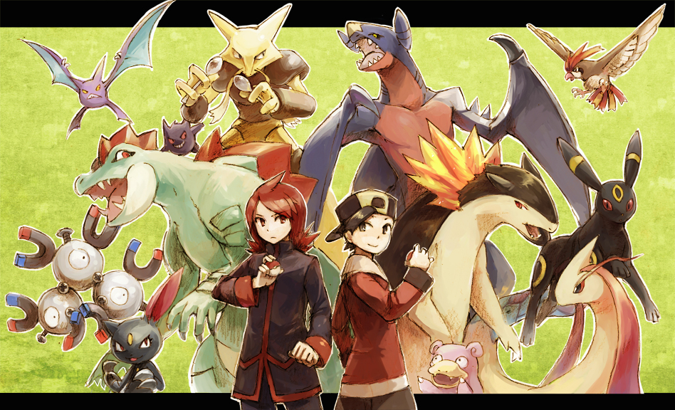 2boys alakazam black_eyes black_hair black_jacket commentary_request crobat ethan_(pokemon) feraligatr garchomp gen_1_pokemon gen_2_pokemon gen_3_pokemon gen_4_pokemon gengar holding holding_poke_ball jacket long_sleeves magneton milotic multiple_boys nemu_(isaya) nintendo open_mouth pidgeotto poke_ball poke_ball_(basic) pokemon pokemon_(creature) pokemon_hgss red_eyes red_hair red_jacket silver_(pokemon) slowpoke smile sneasler standing typhlosion umbreon