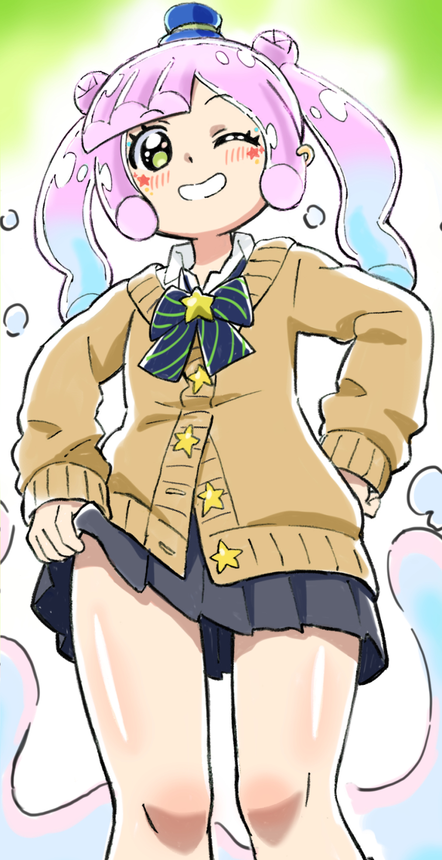 1girl black_skirt blue_hair bow bowtie brown_cardigan cardigan clothes_lift collared_shirt commentary_request double_bun gradient_hair green_eyes grin gyaru hair_bun hand_on_own_hip hat highres komagoma long_hair long_sleeves looking_at_viewer mini_hat mini_top_hat monster_girl multicolored_hair official_alternate_costume open_mouth pink_hair pleated_skirt puniru_(puniru_wa_kawaii_slime) puniru_wa_kawaii_slime school_uniform shirt skirt skirt_lift slime_girl smile solo top_hat white_shirt