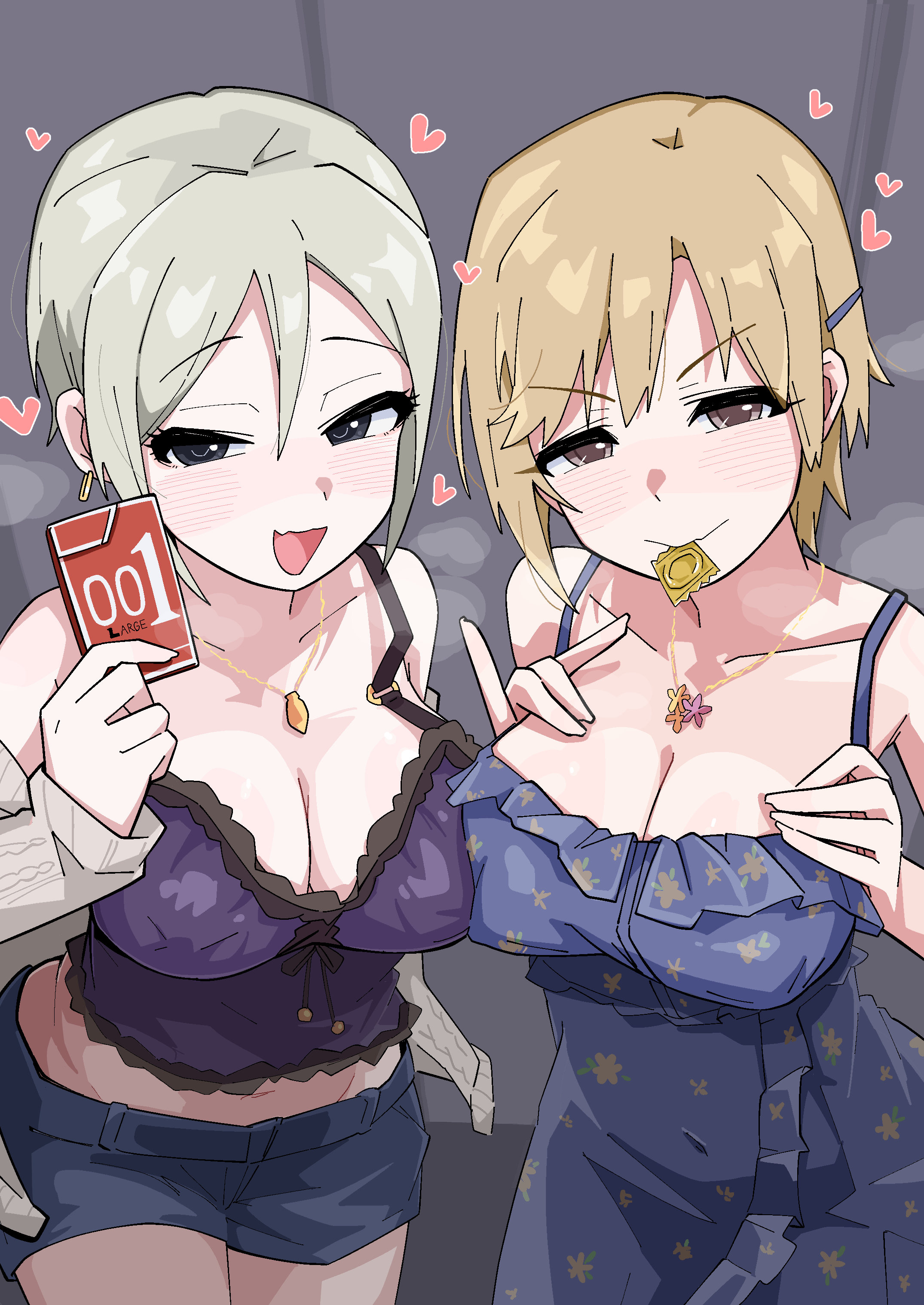 2girls absurdres aiba_yumi blue_dress blue_shorts blush box breasts brown_hair cleavage collarbone commission condom condom_box condom_wrapper crop_top dress grey_hair heart highres holding holding_box idolmaster idolmaster_cinderella_girls jewelry large_breasts looking_at_viewer mouth_hold multiple_girls necklace ohgi910 pixiv_commission shiomi_syuko short_hair short_shorts shorts smile steam