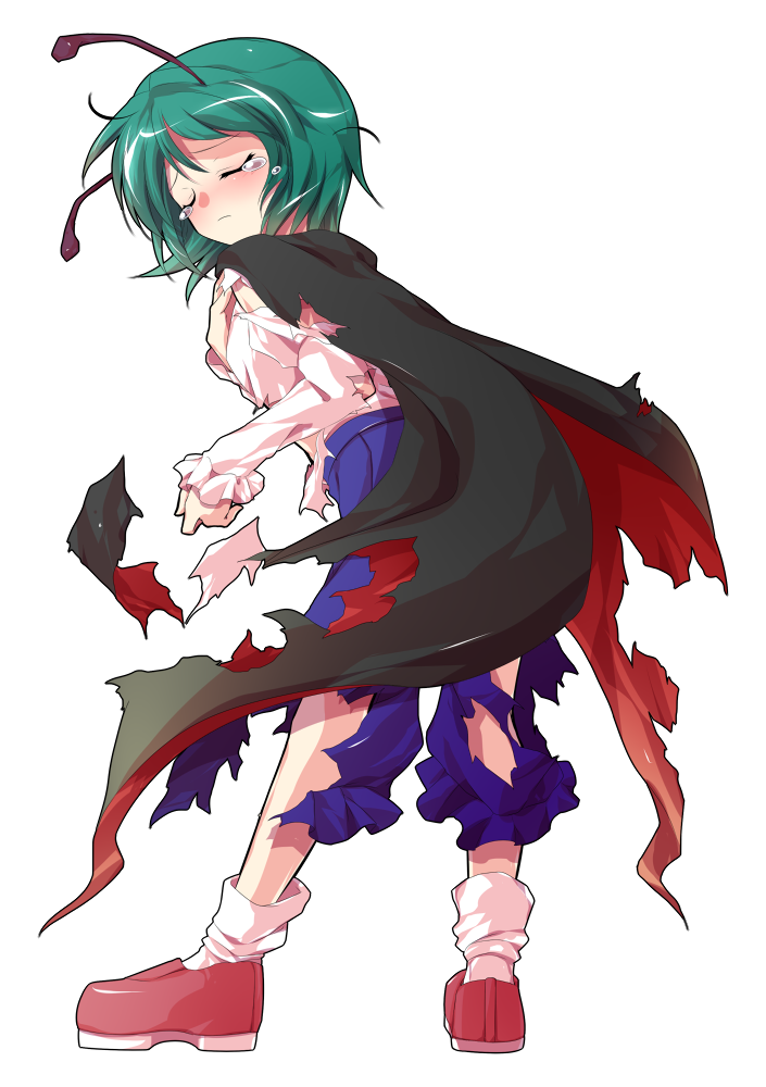 1girl alphes_(style) antennae back black_cape blue_shorts blush buttons cape closed_eyes closed_mouth commentary_request crying dairi defeat full_body green_hair imperishable_night juliet_sleeves large_variant_set loafers long_sleeves parody puffy_sleeves red_cape red_shoes rider_kick shirt shirt_tucked_in shoes short_hair shorts socks solo style_parody tachi-e tears torn_clothes touhou transparent_background two-sided_cape two-sided_fabric variant_set white_shirt white_socks wriggle_nightbug