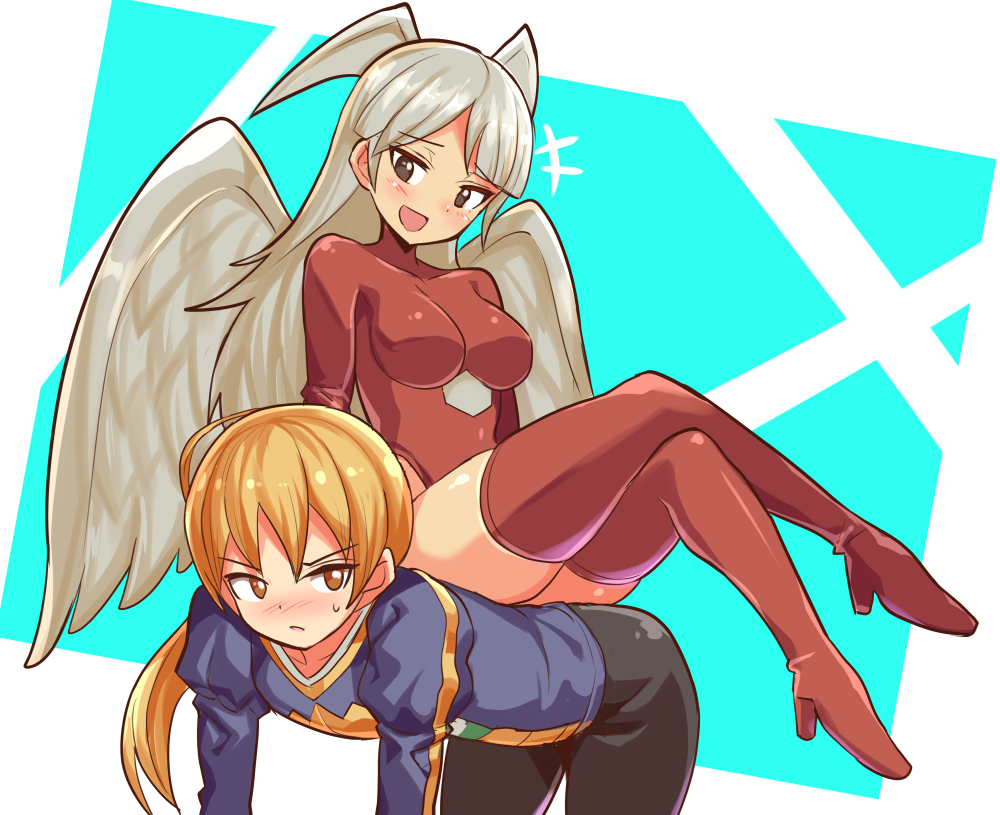 1boy 1girl angel_wings blush boots breasts closed_mouth cougar_(cougar1404) final_fantasy final_fantasy_tactics full_body head_wings high_heels highleg highleg_leotard human_chair human_furniture leotard long_hair medium_breasts open_mouth ramza_beoulve red_leotard red_thighhighs sitting sitting_on_back sitting_on_person small_breasts smile thigh_boots thighhighs ultima_(fft) white_hair wings