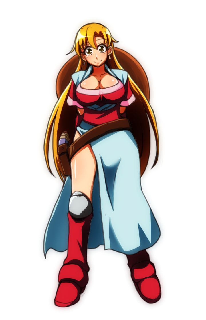 1girl blonde_hair breasts cleavage female_focus grenadier_(manga) gun hat large_breasts long_hair red_footwear smile solo standing tendou_rushuna unworn_hat unworn_headwear weapon white_background