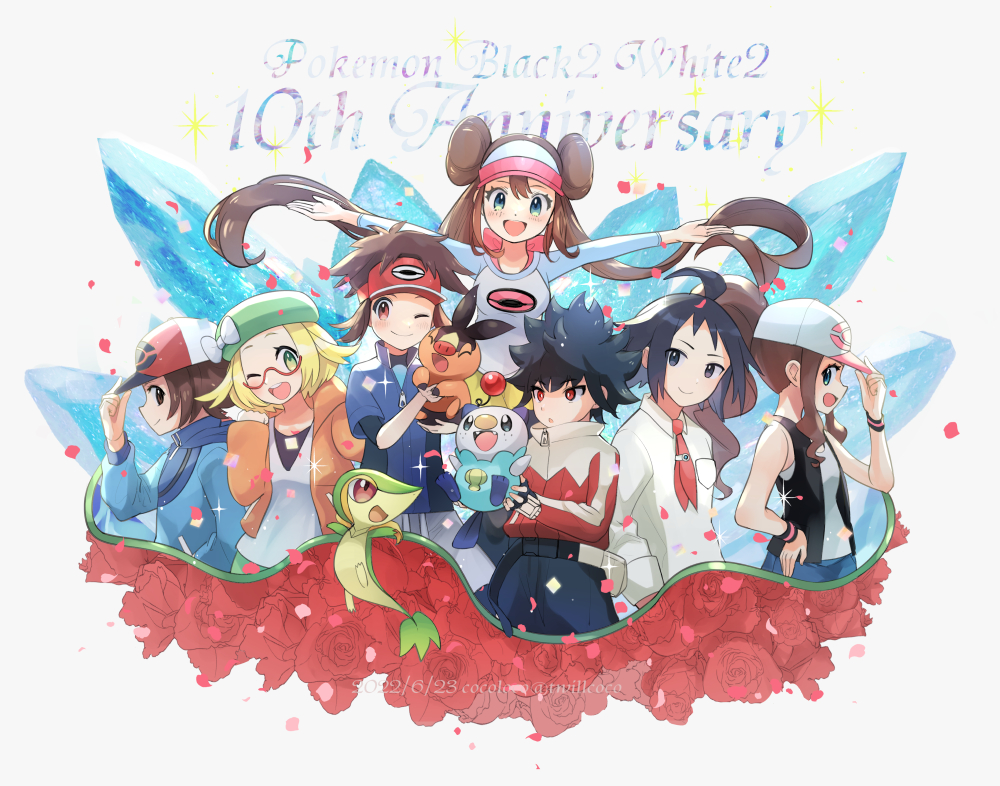 3girls 4boys :d ;) ahoge anniversary baseball_cap belt beret bianca_(pokemon) black_gloves black_hair black_vest blue_jacket blush bodysuit bodysuit_under_clothes cheren_(pokemon) closed_mouth cocoloco collared_shirt commentary_request dated double_bun eyelashes falling_petals fingerless_gloves floating_hair flower gen_5_pokemon gloves green_eyes green_headwear hair_bun hat high_ponytail hilbert_(pokemon) hilda_(pokemon) holding holding_pokemon hood hooded_jacket hugh_(pokemon) jacket long_hair long_sleeves multiple_boys multiple_girls nate_(pokemon) necktie nintendo one_eye_closed open_mouth orange_jacket oshawott pants petals plant pokemon pokemon_(creature) pokemon_bw pokemon_bw2 ponytail red_eyes red_flower red_headwear rosa_(pokemon) shirt short_hair short_sleeves sidelocks smile snivy sparkle spiked_hair starter_pokemon_trio tepig twintails v-neck vest vines visor_cap white_shirt zipper_pull_tab