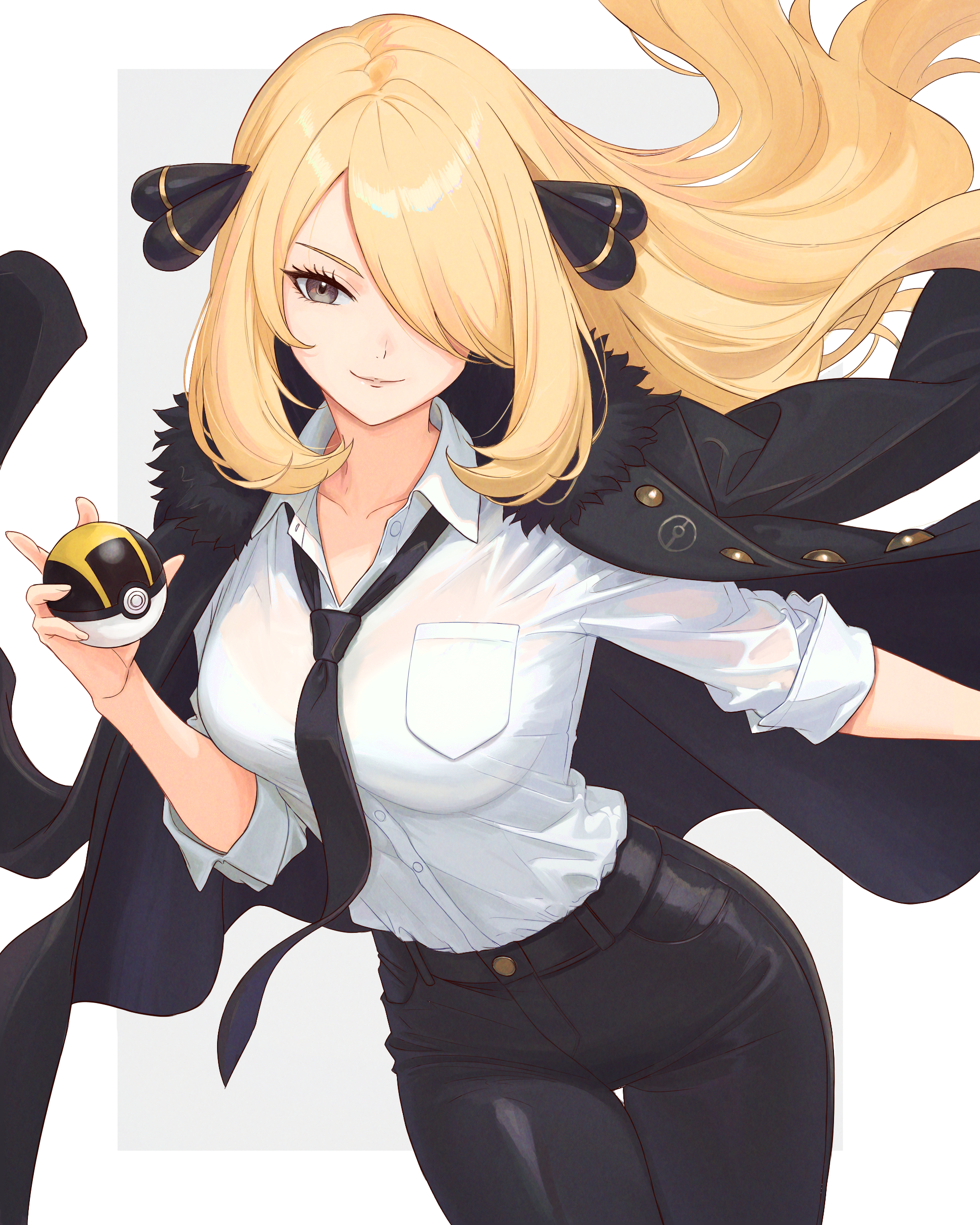 1girl absurdres alternate_costume black_jacket black_necktie black_pants breasts closed_mouth collared_shirt cynthia_(pokemon) floating_hair fur-trimmed_jacket fur_trim grey_eyes hair_ornament highres holding holding_poke_ball jacket jacket_on_shoulders long_hair medium_breasts necktie nintendo office_lady pants poke_ball pokemon pokemon_dppt revision shirt smile solo truejekart ultra_ball very_long_hair white_shirt
