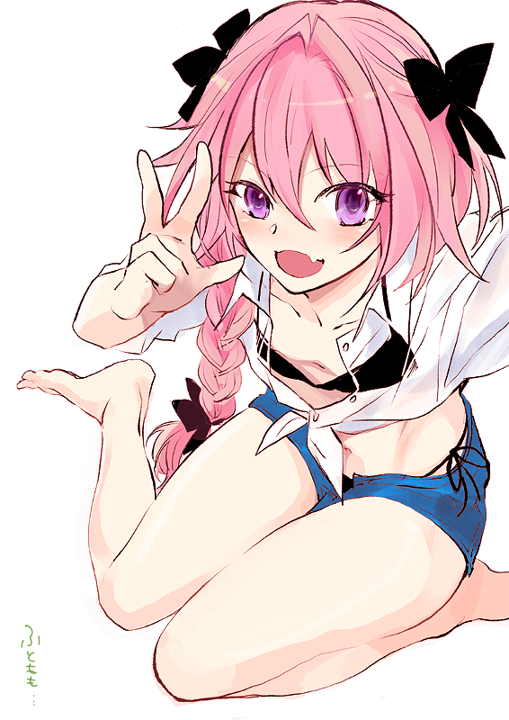 1boy :3 :d arms_up astolfo_(fate) astolfo_(sugar_vacation)_(fate) bad_id bad_pixiv_id bare_legs barefoot bikini bikini_under_clothes black_bikini black_bow blush bow braid collarbone collared_shirt crop_top denim denim_shorts fang fate/apocrypha fate_(series) flat_chest from_above hair_between_eyes hair_bow hair_intakes hair_over_shoulder long_hair long_sleeves looking_at_viewer looking_up male_focus navel official_alternate_costume open_clothes open_mouth open_shirt open_shorts pink_hair purple_eyes raised_eyebrows reaching reaching_towards_viewer see-through_clothes selfie shirai shirt short_shorts shorts side-tie_bikini_bottom simple_background single_braid sitting sleeves_rolled_up smile solo stomach string_bikini swimsuit thighs tied_shirt translated trap unbuttoned unbuttoned_shirt w white_background white_shirt wing_collar