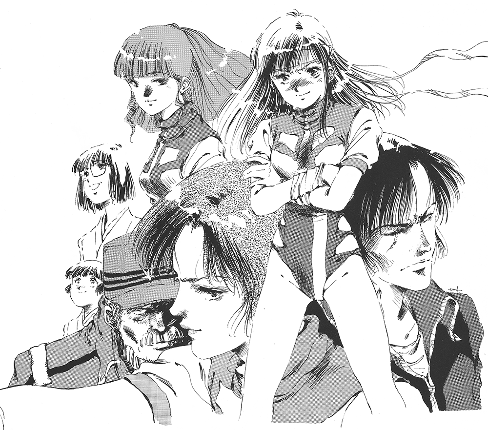 1980s_(style) 2boys 5girls amano_kazumi angry bandana beard blush character_request crossed_arms facial_hair glasses gunbuster_pose hachimaki hat headband higuchi_kimiko ink_(medium) jung_freud looking_at_viewer manly mikimoto_haruhiko monochrome multiple_boys multiple_girls mustache old oldschool oota_kouichirou retro_artstyle scan scar scar_on_face science_fiction serious signature sketch takaya_noriko tashiro_tatsumi top_wo_nerae! top_wo_nerae!_(series) traditional_media uniform