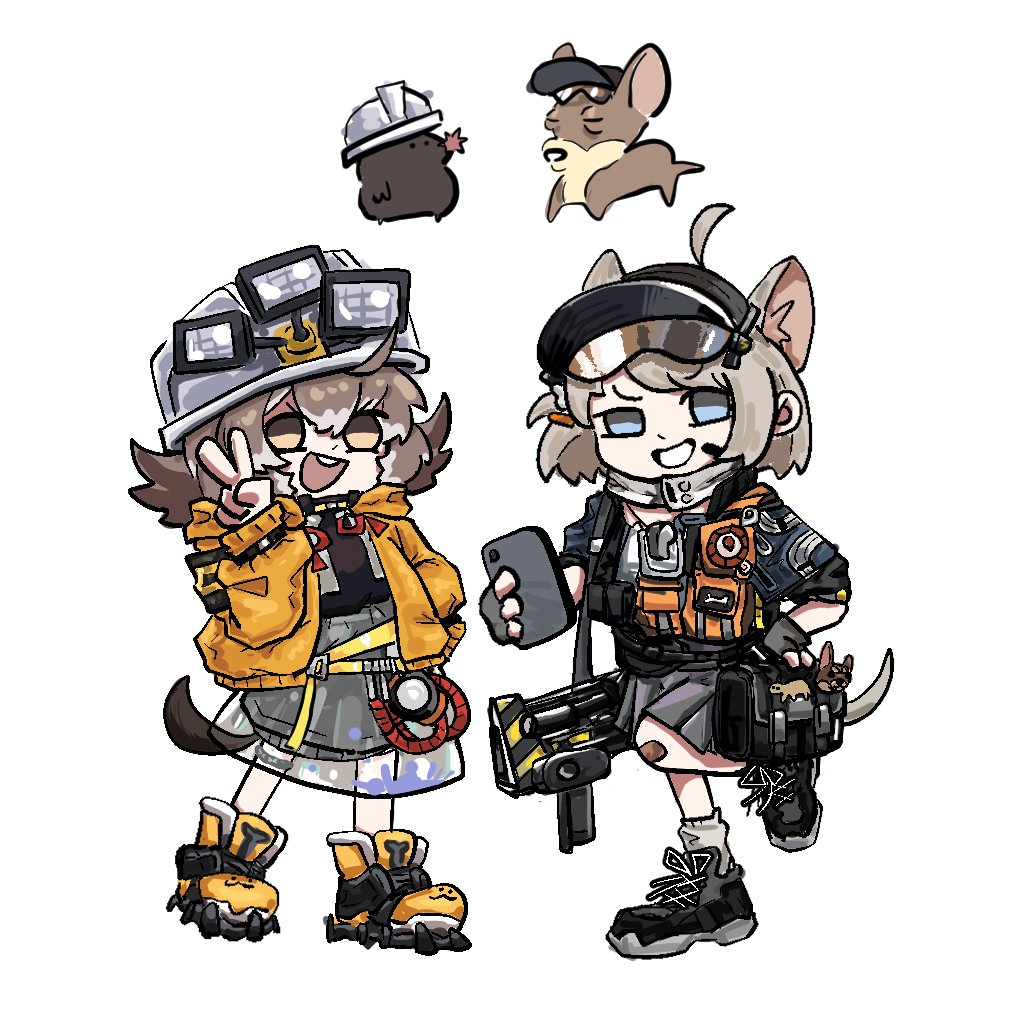 2girls :d ahoge almond_(arknights) animal_ears arknights bag bandaid bandaid_on_knee bandaid_on_leg black_bag black_hat black_shirt blue_eyes blue_jacket brown_eyes brown_hair cellphone cement_(arknights) commentary dog dog_ears dog_girl dog_tail english_commentary extra_ears fingerless_gloves full_body gloves goggles goggles_on_head grey_gloves grey_hair grey_hat grey_skirt grin hand_on_own_hip hand_up hard_hat hat helmet holding holding_phone jacket medium_hair microphone mining_helmet mole_(animal) multicolored_hair multiple_girls namieeesss open_clothes open_jacket open_mouth phone pleated_skirt see-through_clothes see-through_skirt shirt shoes short_hair simple_background skirt smartphone smile tail teeth two-tone_hair upper_teeth_only v v-shaped_eyebrows visor_cap white_background white_shirt yellow_jacket yellow_shoes