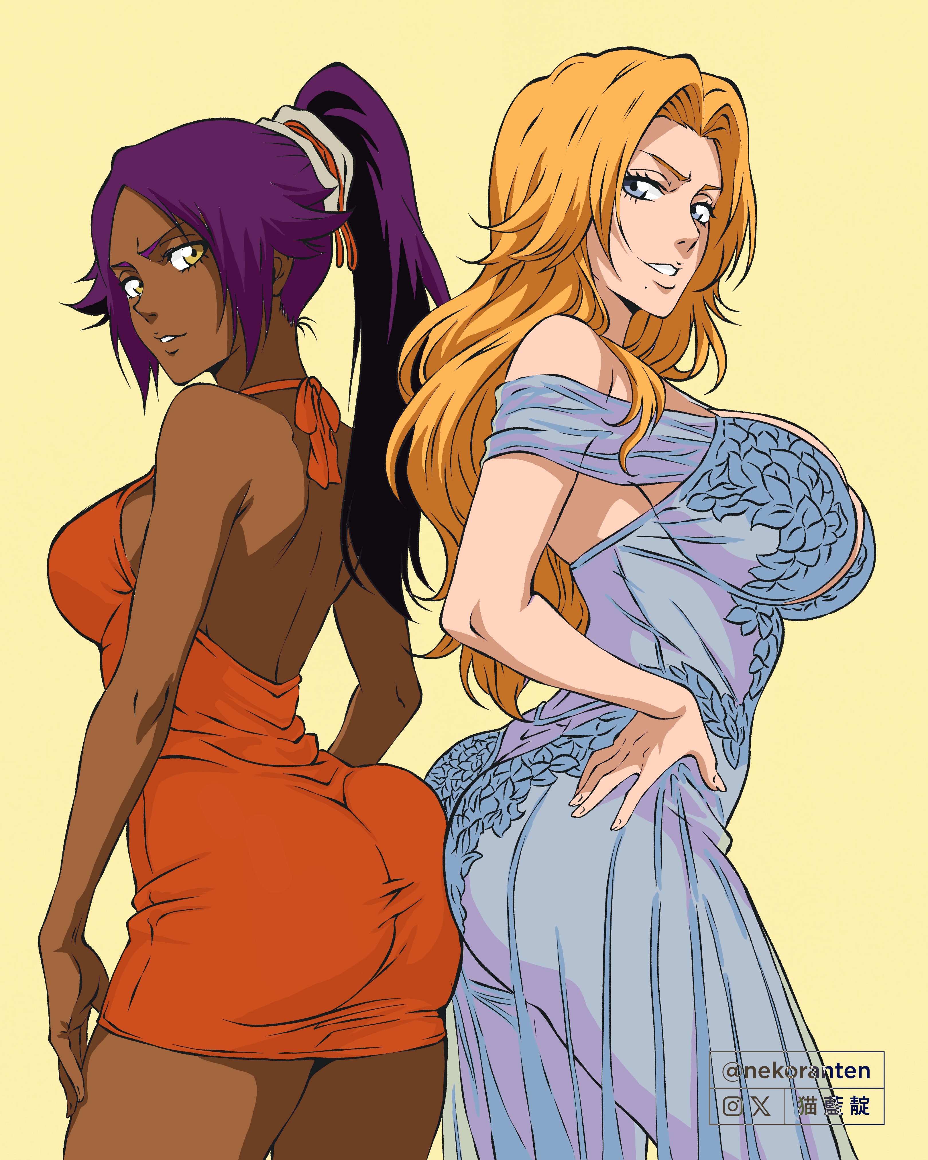2girls artist_name ass bare_shoulders bleach blue_dress blue_eyes breasts colorized dark-skinned_female dark_skin dress hair_ornament instagram_logo instagram_username large_breasts long_hair matsumoto_rangiku mole mole_under_mouth multiple_girls nekoranten orange_dress orange_hair ponytail purple_hair shihouin_yoruichi simple_background teeth third-party_edit third-party_source twitter_logo twitter_username yellow_eyes