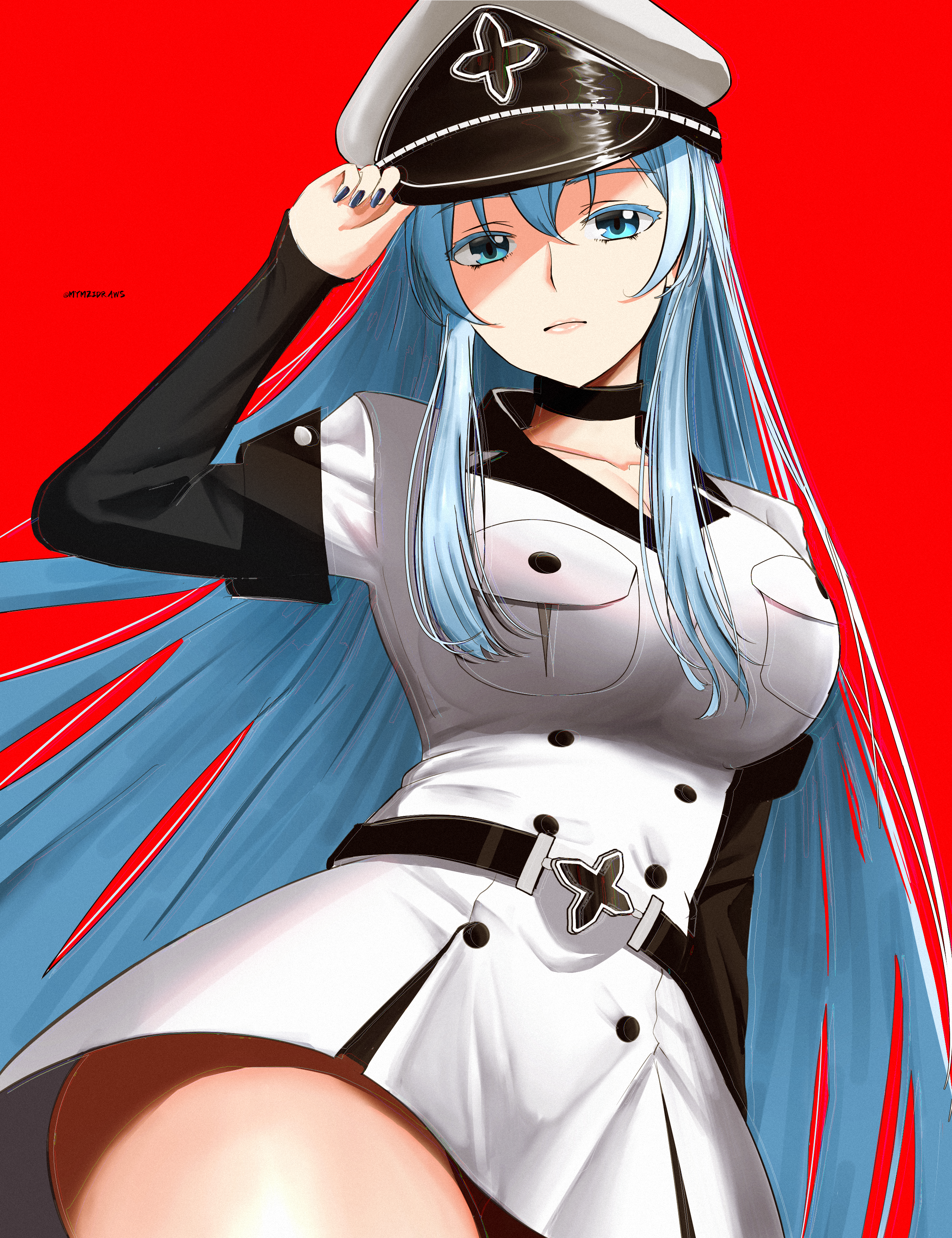 1girl absurdres adjusting_clothes adjusting_headwear akame_ga_kill! black_choker black_nails blue_eyes blue_hair breasts choker closed_mouth cowboy_shot esdeath hat highres jacket lapels large_breasts long_hair long_sleeves looking_at_viewer mymzi notched_lapels peaked_cap red_background solo white_jacket