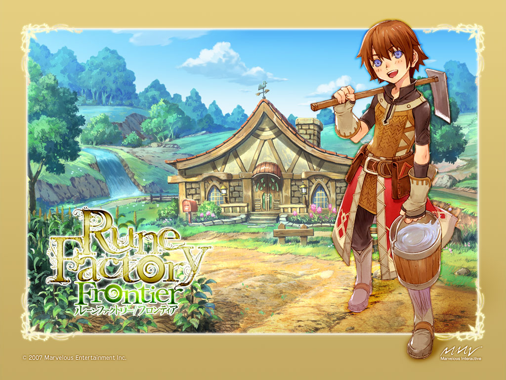 1boy :d blue_sky brown_hair bucket building day fingerless_gloves flower gloves harvest_moon hoe house looking_at_viewer male_focus nature open_mouth outdoors over_shoulder raguna rune_factory rune_factory_frontier sky smile solo standing water waterfall worktool