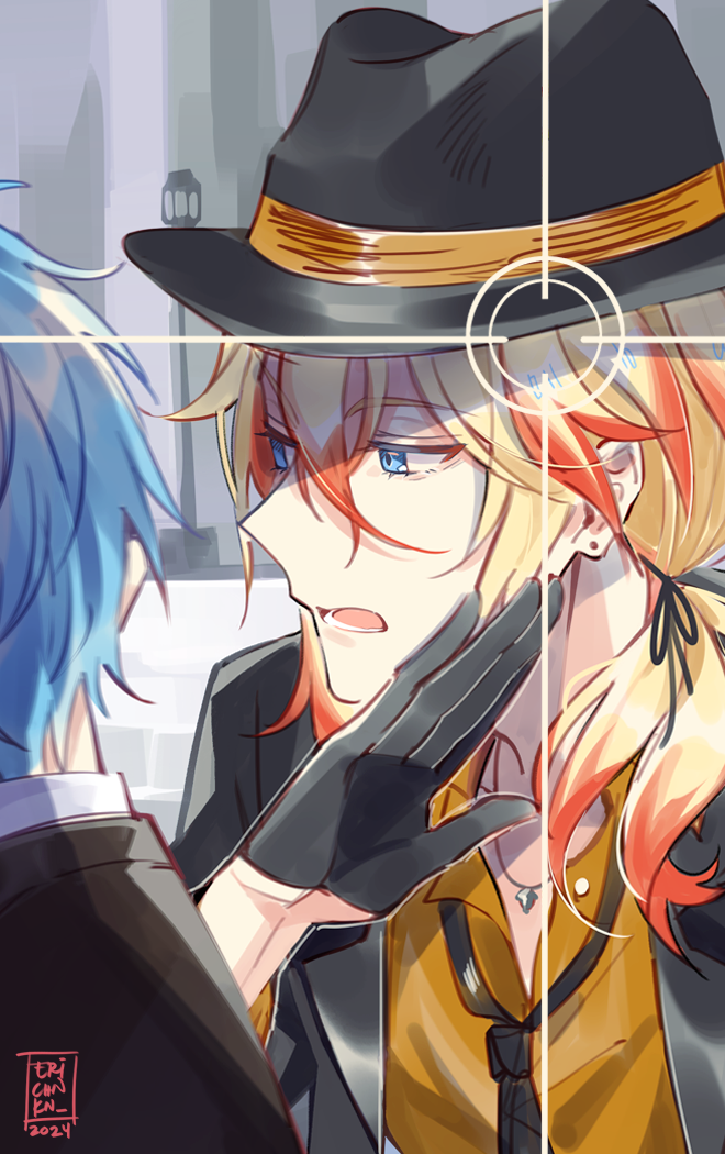 2boys axel_syrios blonde_hair blue_eyes blue_hair coll_(erichankun) commentary curtained_hair fedora gangster gloves hair_between_eyes hat holostars holostars_english jewelry long_hair long_sleeves loose_necktie low_ponytail male_focus multicolored_hair multiple_boys necklace necktie open_mouth ponytail red_hair regis_altare shirt short_hair solo_focus target upper_body viewfinder virtual_youtuber yellow_shirt