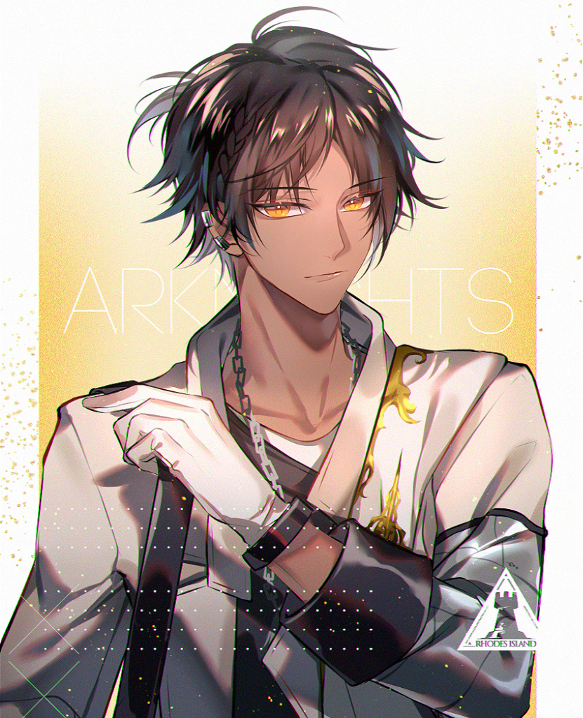 1boy :/ arknights bag black_hair black_shirt border braid chain chain_necklace chinese_commentary closed_mouth collarbone copyright_name dark-skinned_male dark_skin earclip expressionless gloves gradient_background hand_up jacket jewelry long_sleeves looking_at_viewer male_focus necklace orange_eyes outside_border parted_bangs ponytail rhodes_island_logo_(arknights) s_(olath) shirt short_hair short_ponytail shoulder_bag side_braid simple_background sleeve_cuffs solo thorns_(arknights) upper_body white_border white_gloves white_jacket yellow_background