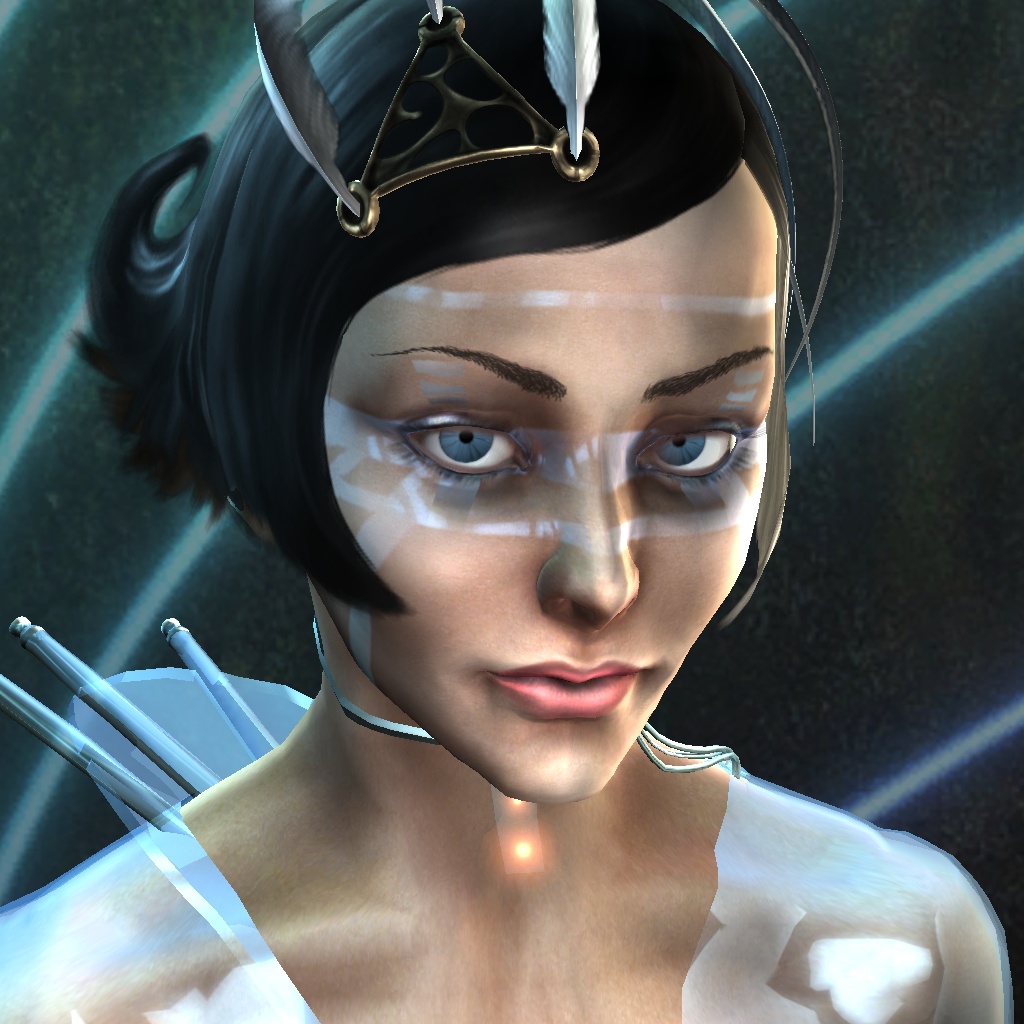 1girl black_hair blue_eyes closed_mouth collarbone commentary dark_background english_commentary eve_online feather_hair_ornament feathers hair_ornament lips looking_at_viewer nose oraclesaturn pink_lips portrait short_hair solo