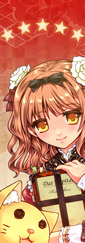 1girl acea4 animalization blush book communism creature das_kapital fang female_focus flower genderswap genderswap_(mtf) hair_flower hair_ornament hair_ribbon librarian lin_biao looking_at_viewer mao_zedong orange_eyes pink_hair politician ribbon smile solid_circle_eyes solo star_(symbol)