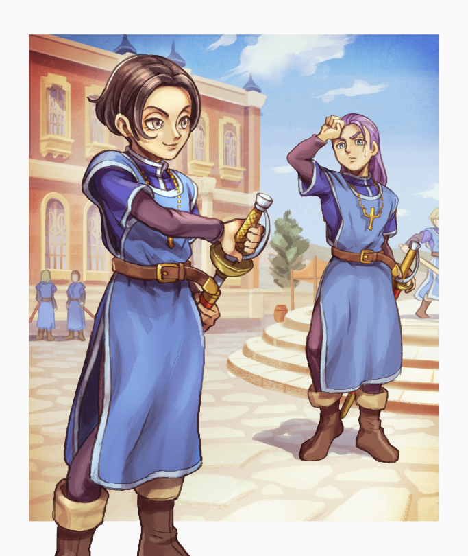 2boys aged_down belt black_hair black_leggings black_sleeves blue_eyes blue_shirt blue_tabard boots border brown_belt brown_boots commentary_request dragon_quest dragon_quest_xi greig_(dq11) grey_eyes hair_slicked_back holding holding_sword holding_weapon janis_(hainegom) jewelry leggings looking_at_viewer looking_to_the_side male_focus multiple_boys necklace outdoors parted_hair purple_hair sheathing shirt short_hair single_bang sweatdrop sword sylvia_(dq11) tabard weapon white_border white_trim wiping_face