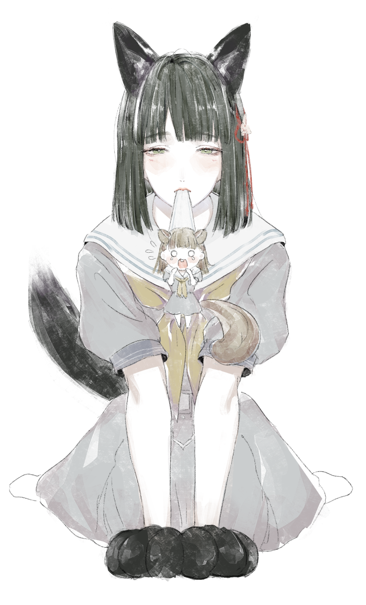 2girls all_fours animal_ears animal_hands black_hair blunt_bangs blunt_ends bob_cut breast_pocket brown_hair buck_teeth commentary_request dress flower flower_knot flying_sweatdrops fox_ears fox_girl fox_tail gloves green_eyes grey_dress hair_flower hair_ornament half-closed_eyes hands_up hasu_no_sora_school_uniform highres kachimachi_kosuzu link!_like!_love_live! long_hair looking_at_viewer love_live! medium_dress mini_person minigirl momose_ginko mouth_hold multiple_girls muted_color neckerchief o_o paw_gloves pleated_dress pocket puffy_short_sleeves puffy_sleeves sailor_collar sailor_dress school_uniform short_hair short_sleeves simple_background socks squirrel_ears squirrel_girl squirrel_tail summer_uniform tail tears teeth virtual_youtuber white_background white_sailor_collar white_socks yellow_neckerchief yoruneko_yashiro