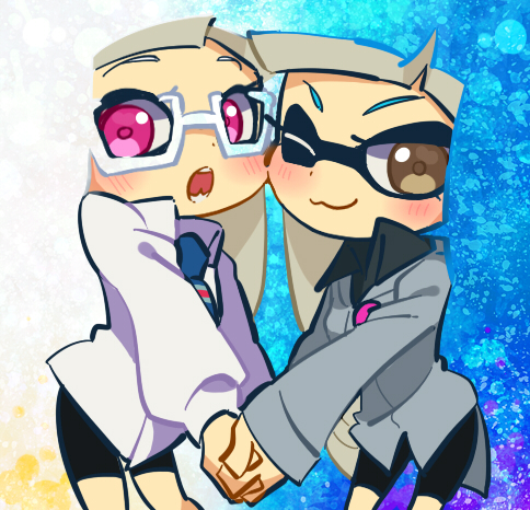 2girls ;3 badge black_shirt black_shorts blazer blending blue_background blue_eyes blue_necktie blunt_bangs brown_eyes closed_mouth collared_jacket collared_shirt commentary_request cowboy_shot fang glasses grey_jacket high_collar holding_hands inkling_girl inkling_player_character interlocked_fingers jacket lap light_blush long_hair long_sleeves looking_at_viewer lowres multiple_girls necktie nintendo one_eye_closed open_mouth pink_eyes shirt shorts simple_background sleeves_past_wrists smile splatoon_(series) striped_necktie teeth tentacle_hair two-tone_background ukata white-framed_eyewear white_background white_hair white_shirt