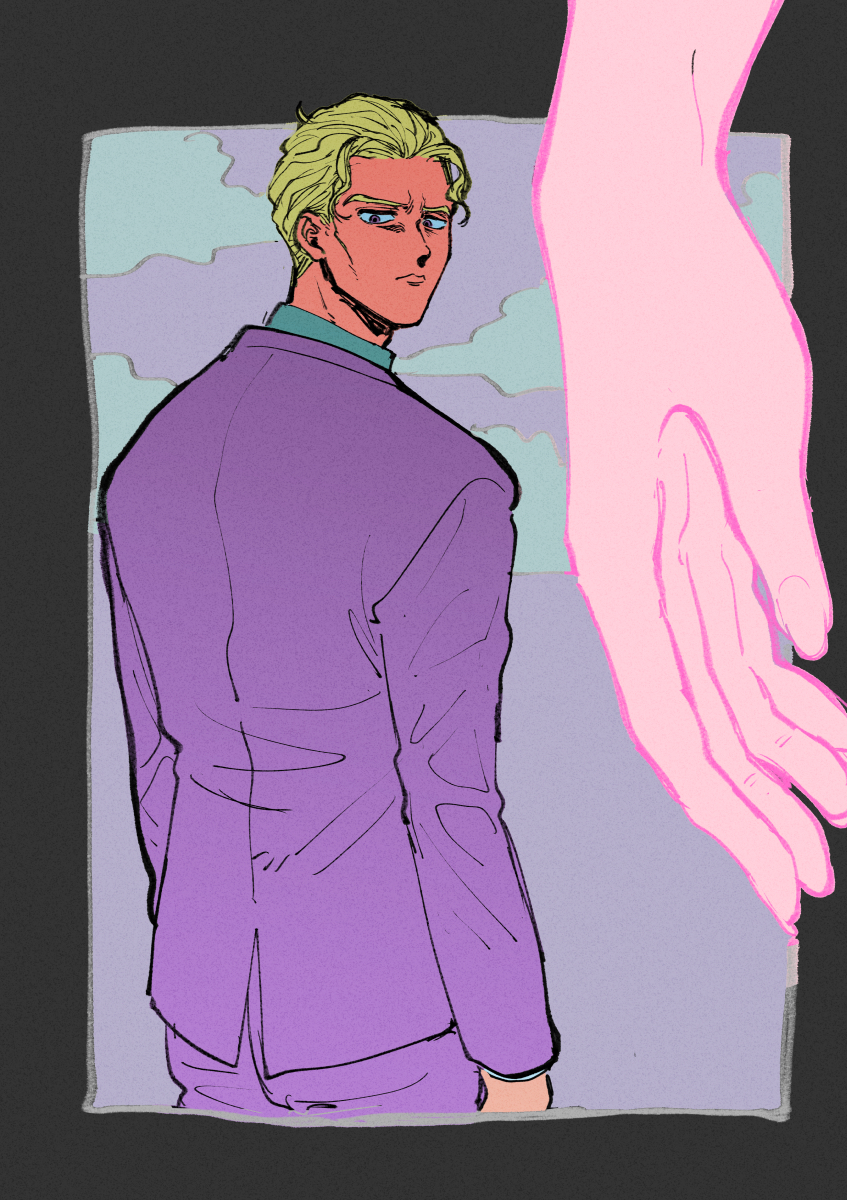 1boy 1girl blonde_hair border cheekbones cloud commentary diamond_wa_kudakenai formal_clothes from_behind highres jojo_no_kimyou_na_bouken kira_yoshikage looking_back oniyama831 out_of_frame purple_suit suit