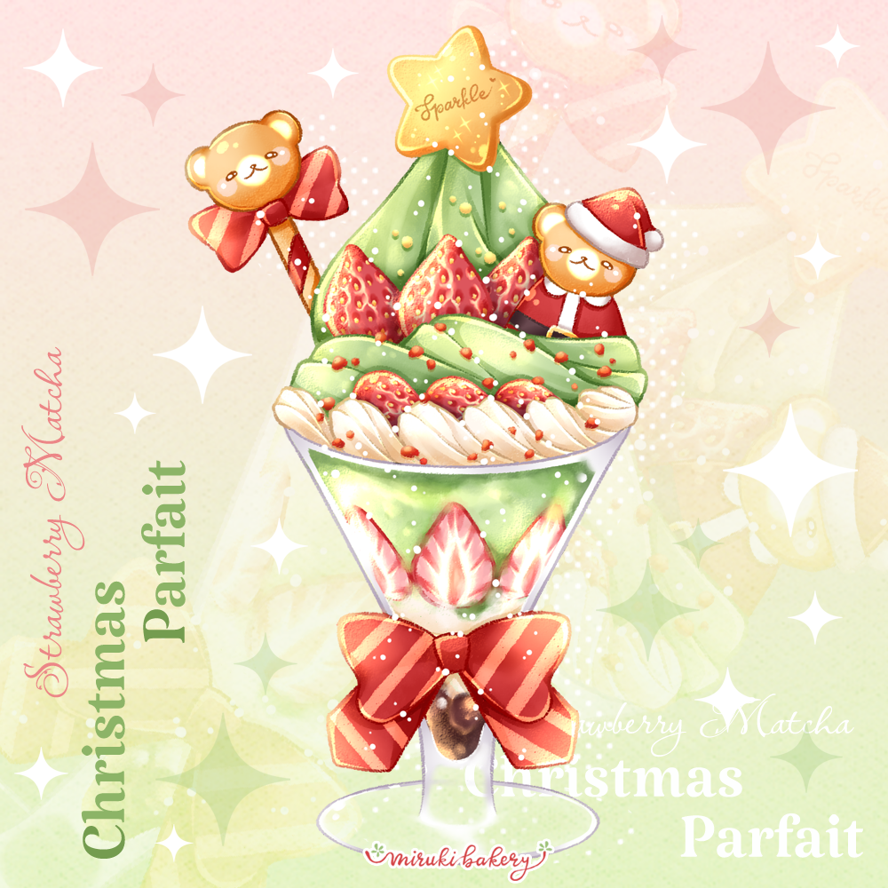 artist_name bear bow candy candy_cane chocomiruki christmas commentary_request english_text food food_focus fruit glass gradient_background green_background halftone hat light_particles no_humans original parfait red_background red_bow santa_costume santa_hat sparkle star_(symbol) strawberry strawberry_slice striped_bow zoom_layer