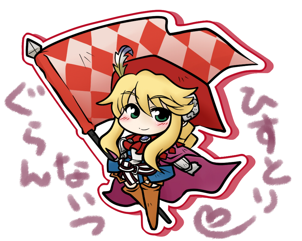 1girl amulet blonde_hair blush braid cape feathers female_focus flag grand_knights_history green_hair lisha_stalake solo yanagi_(nurikoboshi)