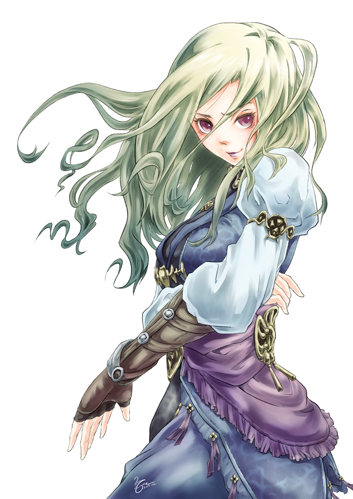 1girl 2018 artist_name blonde_hair blue_mage_(final_fantasy) breasts brown_gloves dated eyelashes final_fantasy final_fantasy_xi fingerless_gloves gloves hume juliet_sleeves long_hair long_sleeves medium_breasts morere nareema pink_eyes puffy_sleeves purple_lips signature simple_background smile solo white_background