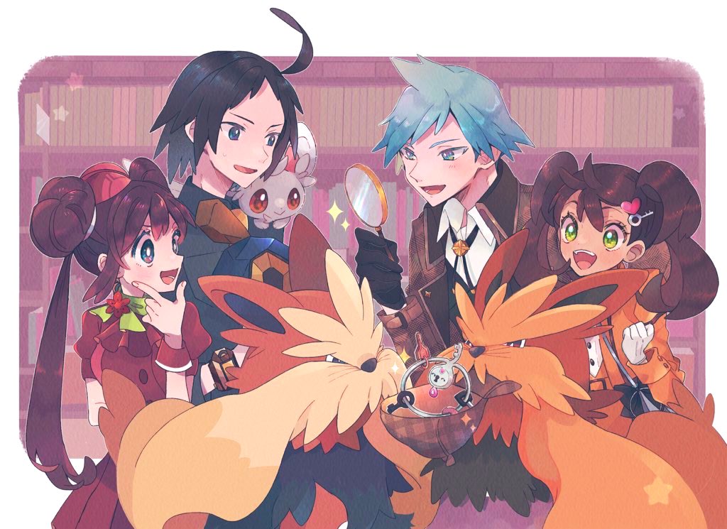2boys 2girls ahoge alternate_costume black_hair blue_eyes blue_hair brown_hair checkered_clothes cheren_(pokemon) coat detective double_bun dress gen_5_pokemon gen_6_pokemon gloves green_eyes green_scarf hair_bun hair_ornament hat heart heart_hair_ornament holding holding_magnifying_glass klefki long_hair magnifying_glass minccino misha_(ohds101) multiple_boys multiple_girls nintendo official_alternate_costume orange_coat plaid_clothes plaid_coat pokemon pokemon_(creature) pokemon_masters_ex red_dress roggenrola rosa_(pokemon) rosa_(special_costume)_(pokemon) scarf shauna_(pokemon) shauna_(special_costume)_(pokemon) short_hair smile steven_stone steven_stone_(special_costume) stoutland twintails white_gloves