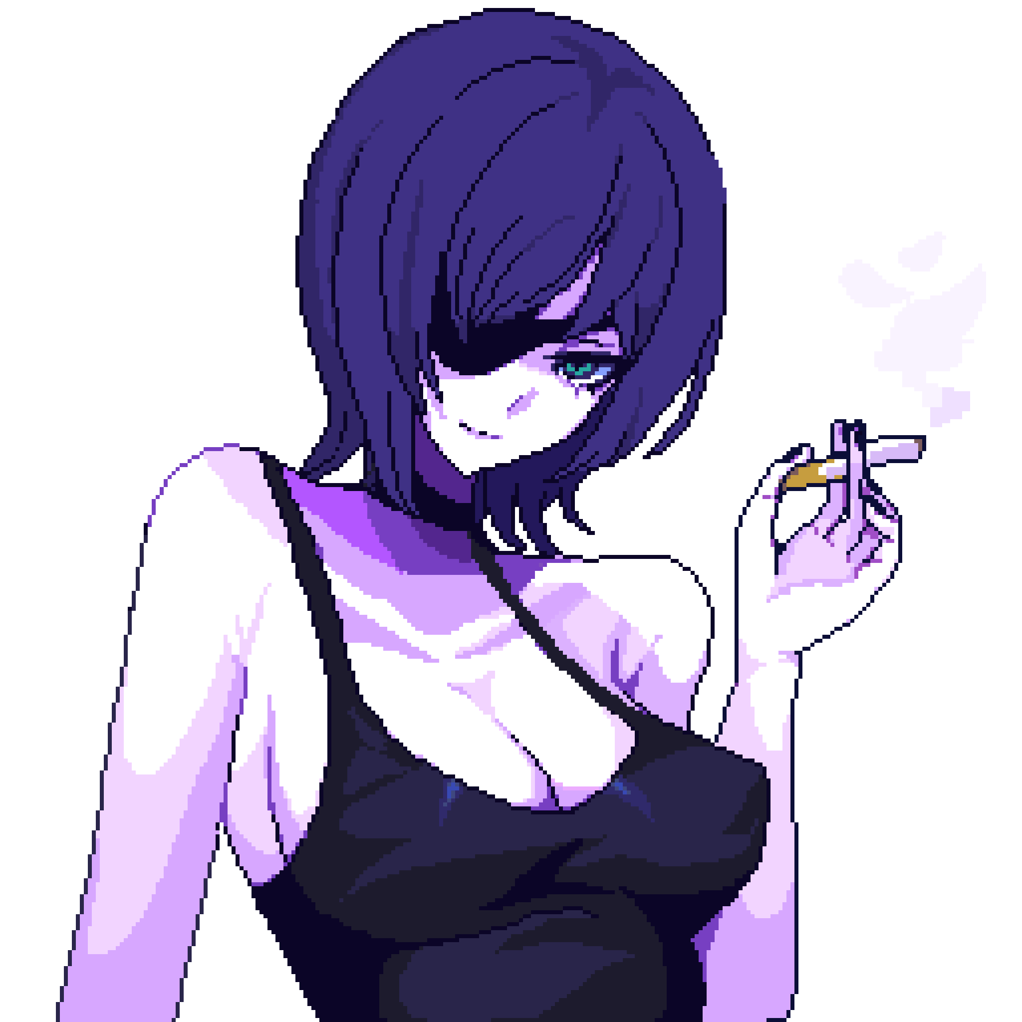 1girl alternate_costume bare_shoulders black_choker black_nails black_tank_top breasts chainsaw_man choker cigarette cleavage closed_mouth eyepatch green_eyes hand_up highres himeno_(chainsaw_man) holding holding_cigarette large_breasts looking_at_viewer pixel_art pixelcadete purple_hair short_hair simple_background smile smoke solo tank_top upper_body white_background