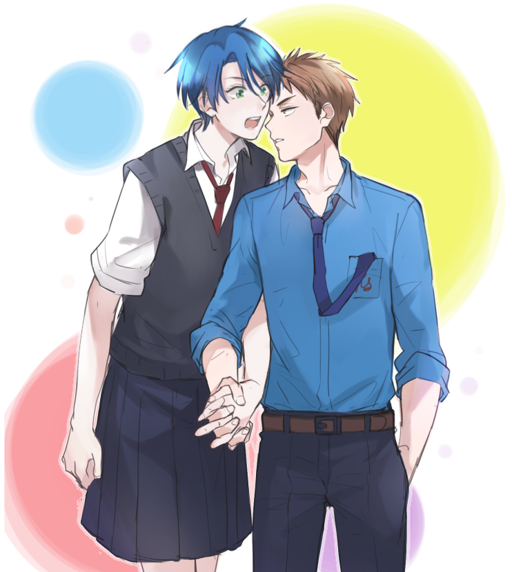 1boy 1girl :o androgynous belt black_pants black_skirt black_sweater_vest blue_hair blue_necktie blue_shirt breast_pocket brown_belt brown_hair collarbone collared_shirt commentary cowboy_shot curtained_hair dress_shirt gekkan_shoujo_nozaki-kun green_eyes hand_in_pocket heads_together hetero holding_hands hori_masayuki interlocked_fingers kashima_yuu long_sleeves necktie necktie_in_pocket open_mouth pants parted_lips pleated_skirt pocket red_necktie rouman_academy_school_uniform school_uniform shirt shirt_tucked_in short_hair short_sleeves skirt standing surprised sweater_vest teeth upper_teeth_only warable white_shirt