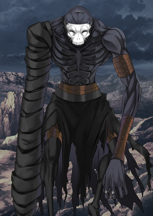 1boy abs bald bandaged_arm bandages belt black_skin black_skirt black_thighhighs brown_belt colored_skin covered_face fate/grand_order fate_(series) feet_out_of_frame hassan_of_the_cursed_arm_(fate) jewelry legs_apart long_arms male_focus mask multiple_rings official_art outdoors overcast revision ring skirt skull_mask sky solo standing task_owner thighhighs third-party_source topless_male torn_clothes torn_skirt variant_set white_mask