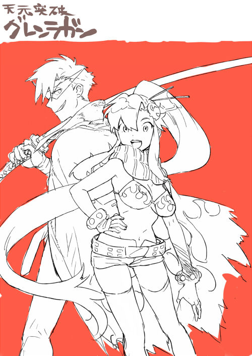 1boy 1girl belt bikini bikini_top_only cape fingerless_gloves flame_print gloves greyscale_with_colored_background grin hair_between_eyes holding holding_sword holding_weapon kamina_(ttgl) long_hair looking_at_viewer mitosa navel open_mouth ponytail scarf short_shorts shorts smile sunglasses swimsuit sword tengen_toppa_gurren_lagann thighhighs very_long_hair weapon wristband yoko_littner